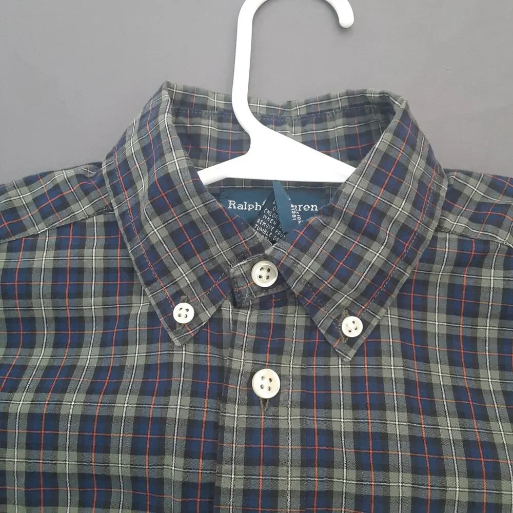 RALPH LAUREN Boys Cotton Green Blue Plaid Button Down Shirt Youth M (10/12)